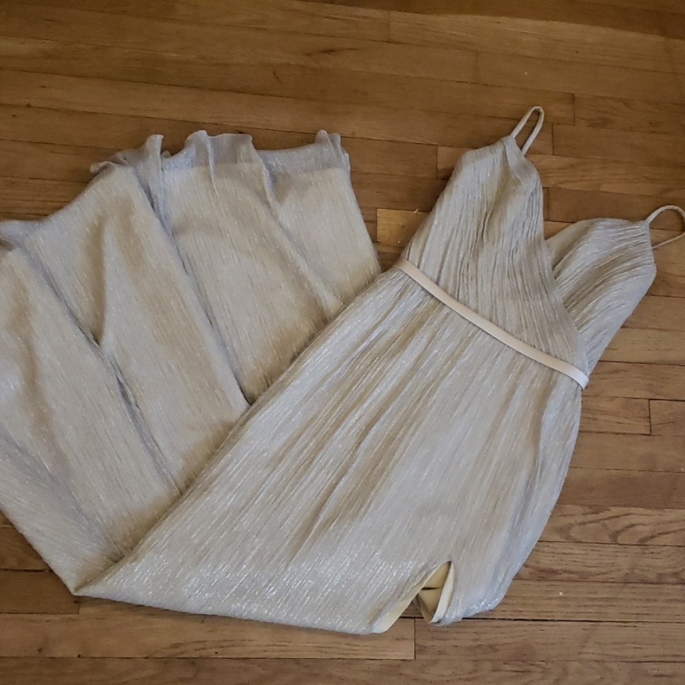 NWT gold bridesmaid dress w/ thigh high slit, 10